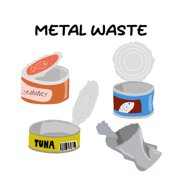 Conjunto de vectores de residuos de metal Conjunto de latas de alimentos Conjunto de vectores de basura reciclada Lata Productos de aluminio