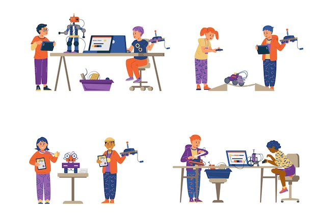 Conjunto de vectores de robótica para niños Niños y niñas en parejas programación e ingeniería de robots