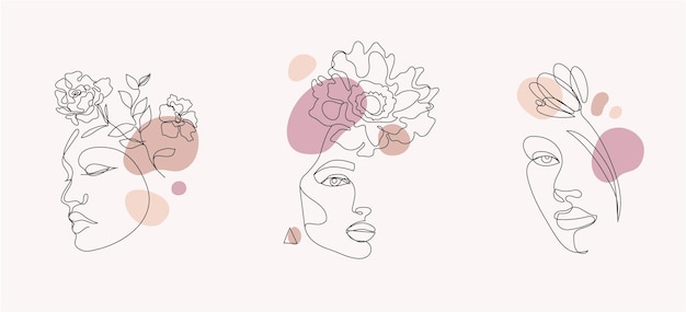 Conjunto de vectores de rostros de mujeres ilustraciones de arte lineal logotipos con flores y hojas concepto de naturaleza femenina Uso para impresiones tatuajes carteles logotipos textiles tarjetas, etc. Rostros de mujeres hermosas