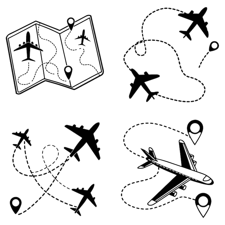 Vector conjunto de vectores de rutas de aviones íconos de vectores del camino de línea de rutas del vuelo de aviones aéreos