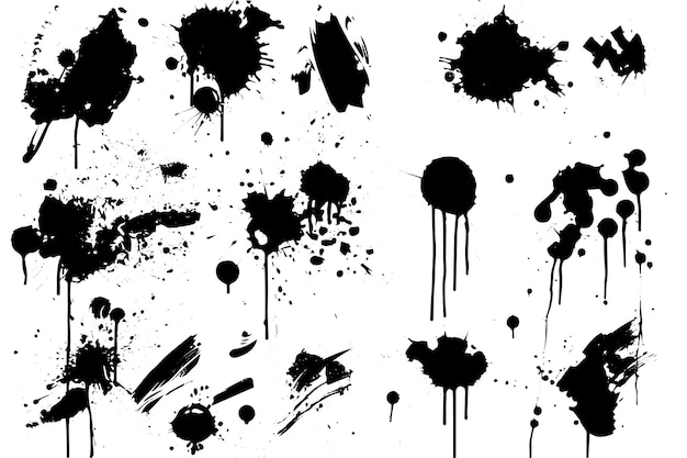Conjunto de vectores de salpicaduras de tinta con textura negra y blanca