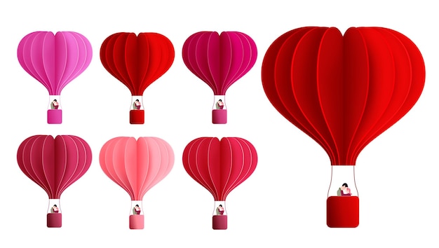 Conjunto de vectores de san valentín de globos de aire caliente de corazones. globos de aire caliente rojo en el corazón.