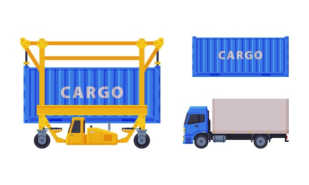 Conjunto de vectores de servicio de transporte de carga de camiones grandes y contenedores metálicos
