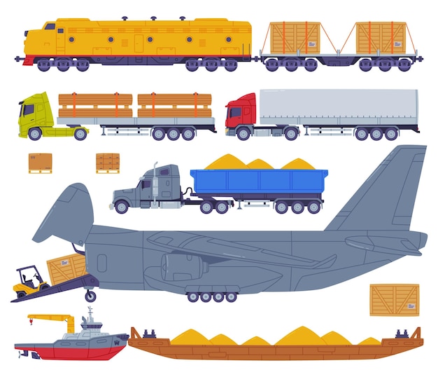 Conjunto de vectores de servicios logísticos de transporte y entrega de mercancías