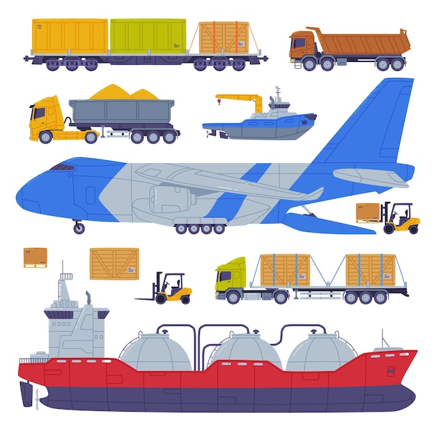 Conjunto de vectores de servicios logísticos de transporte y entrega de mercancías