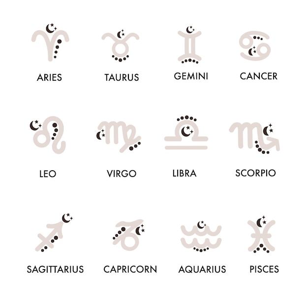 Conjunto de vectores de signos del zodiaco. Símbolos del horóscopo, iconos de astrología. Doce constelaciones
