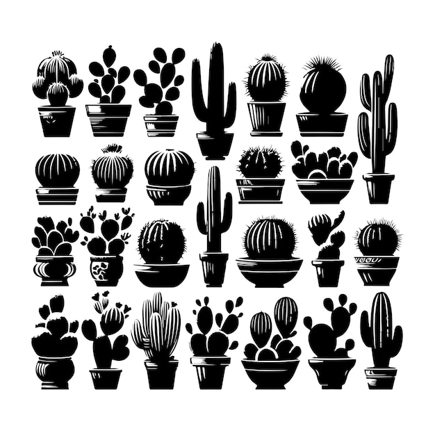 conjunto de vectores de silueta de cactus de diferentes tipos