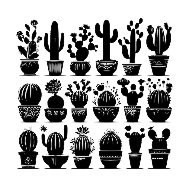 conjunto de vectores de silueta de cactus de diferentes tipos