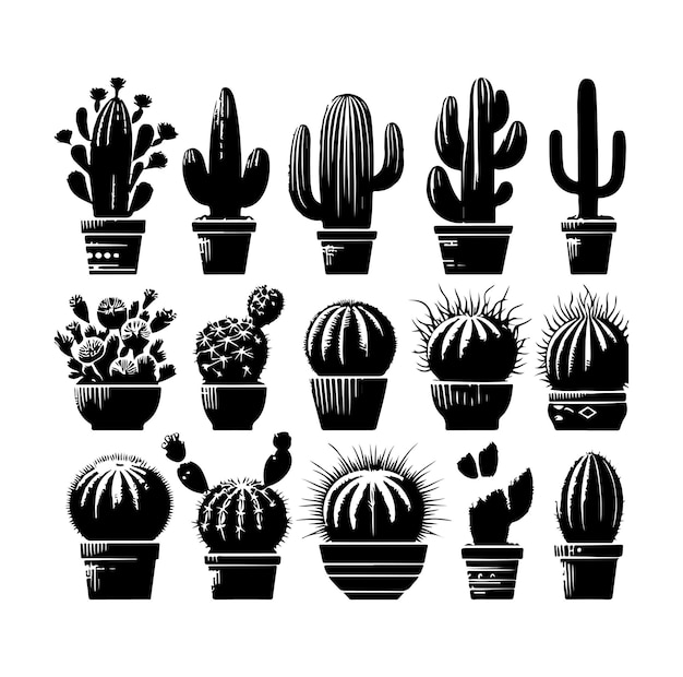 conjunto de vectores de silueta de cactus de diferentes tipos