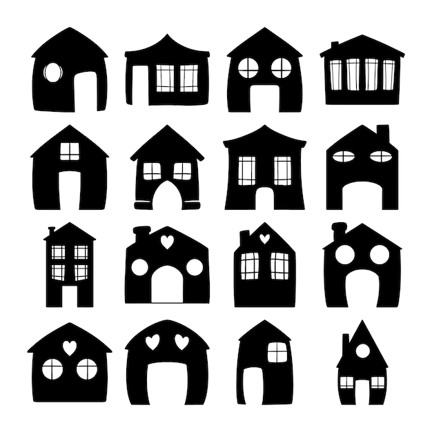 Conjunto de vectores de silueta de casas garabateadas