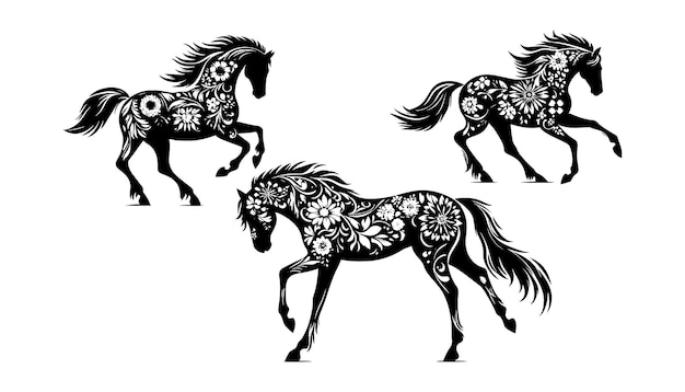 Conjunto de vectores de silueta de fondo blanco de caballo