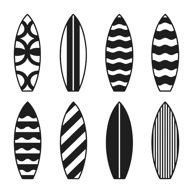 Conjunto de vectores de silueta de tabla de surf con patrones geométricos y de olas Colección de iconos de playa de verano