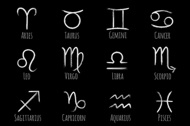 Conjunto de vectores de símbolos del zodiaco blanco signos de astrología Aries Tauro Géminis Cáncer Leo Virgo Libra