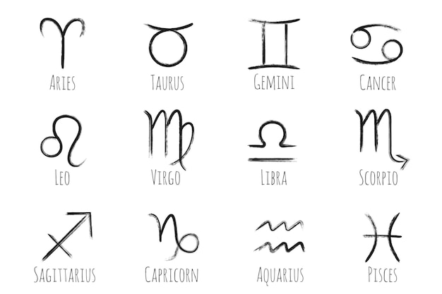 Vector conjunto de vectores de símbolos del zodiaco de trazo de pincel colección de signos de astrología pintados a mano