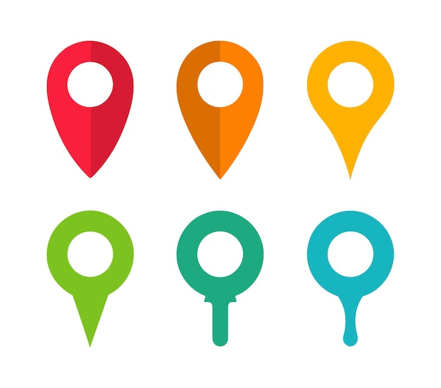 Conjunto de vectores simples 6 Puntero de mapa con sombra suave Color plano aislado en blanco