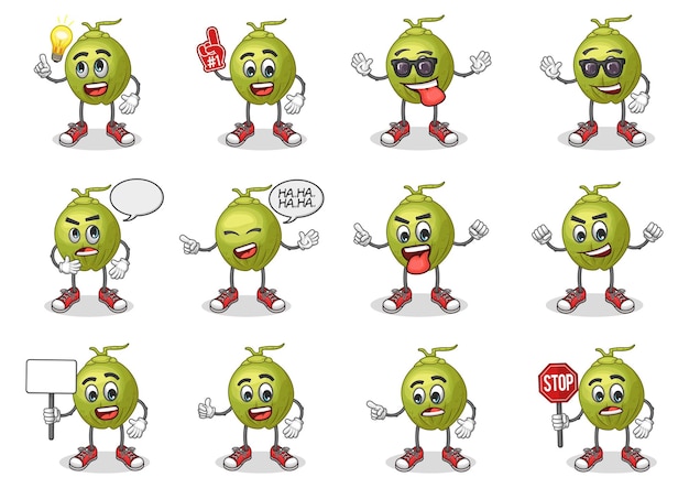 conjunto de vectores de stock de linda mascota de dibujos animados de coco con expresión facial sobre un fondo blanco