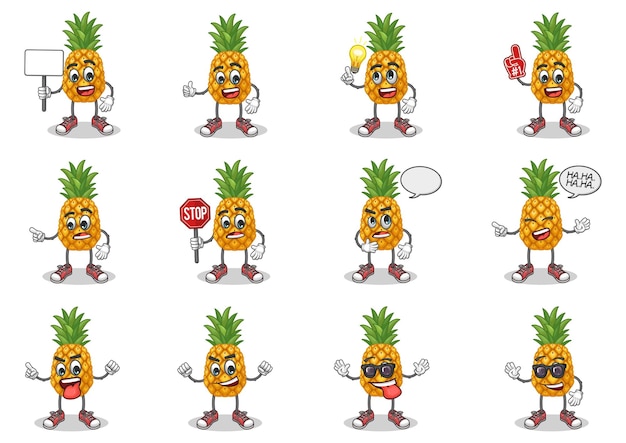 conjunto de vectores de stock de linda mascota de dibujos animados de piña con expresión facial sobre un fondo blanco
