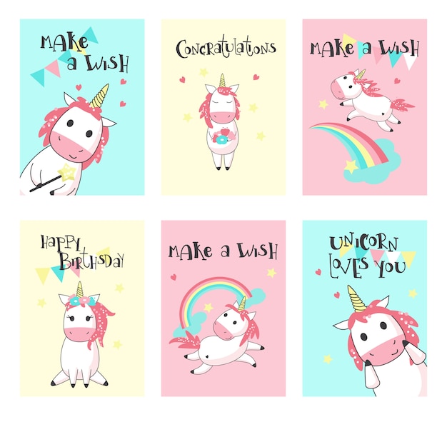Conjunto de vectores de tarjetas de felicitación de cumpleaños unicornio