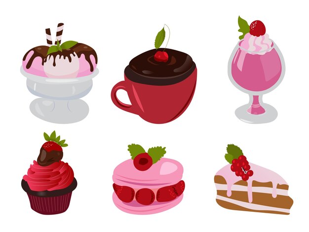Conjunto de vectores de tortas navideñas felices Iconos de cocina festiva para decorar aniversarios bodas cumpleaños Pasteles dulces muffin cupcake con crema