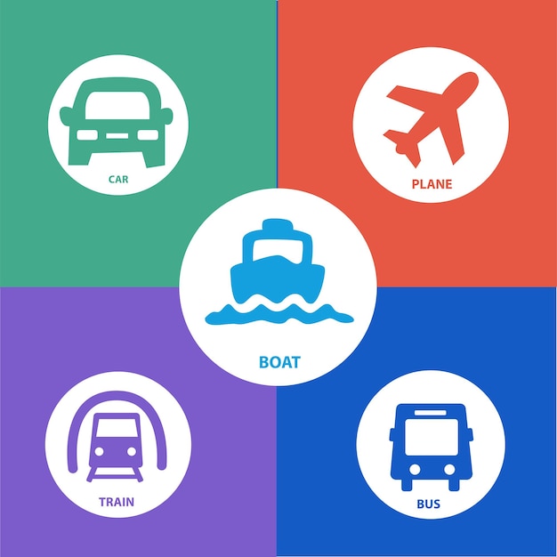 Vector conjunto de vectores de transporte avión, autobús, coche, barco