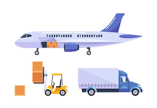Conjunto de vectores de transporte de carga que muestra un avión con un camión de entrega de carga y una carretilla elevadora activamente involucrados en paquetes