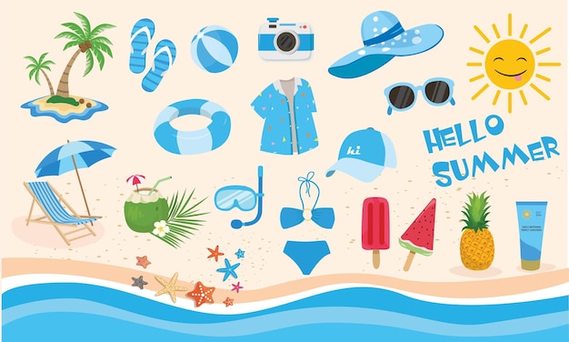 Conjunto de vectores de verano Colección de elementos de verano Playa de vacaciones de verano Vector plano de dibujos animados aislado