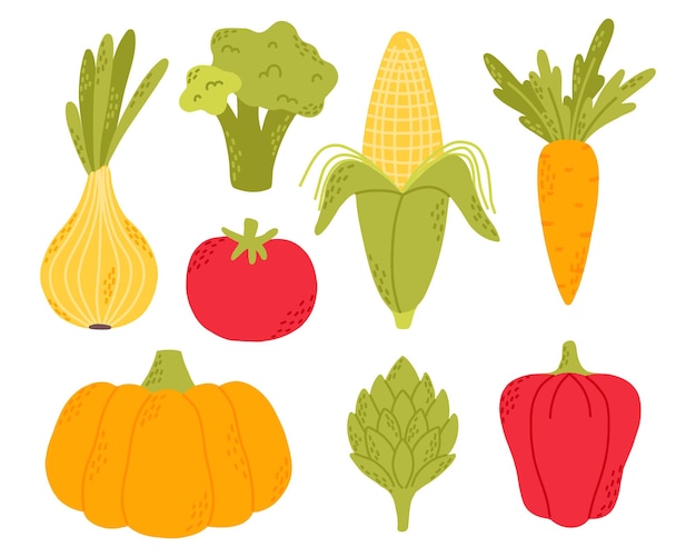 Conjunto de vectores de verduras planas Colección de verduras brócoli maíz pimiento cebolla calabaza zanahoria Estilo dibujado a mano aislado sobre fondo blanco Ilustración vectorial