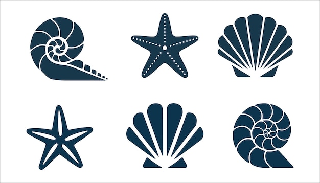 Conjunto de vectores de vida marina de estrellas de mar y iconos de conchas marinas
