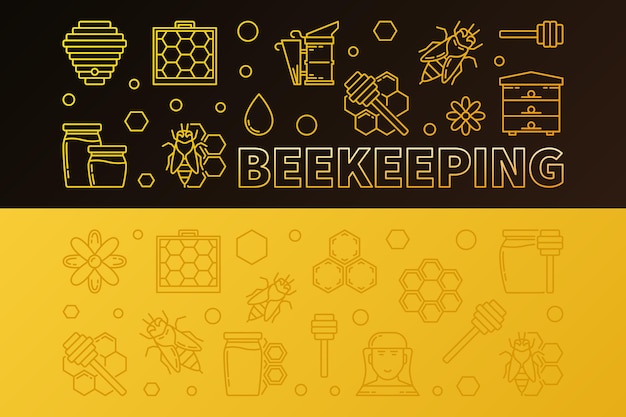 Vector conjunto vectorial de 2 banners horizontales de color de esquema de apicultura
