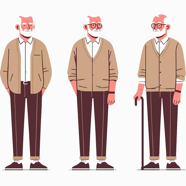 Conjunto vectorial de 3 caracteres abuelo en estilo de diseño plano