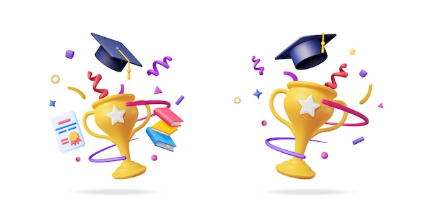 Conjunto vectorial 3D colección de gorra de graduación copa de trofeo de oro y libros con confeti