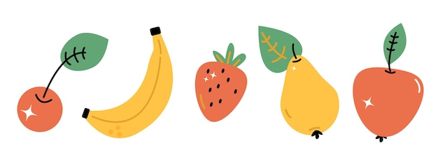 conjunto vectorial de 5 frutas bonitas y brillantes sobre un fondo blanco
