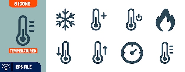 Conjunto vectorial de 8 íconos de temperatura termómetro copo de nieve fuego y más