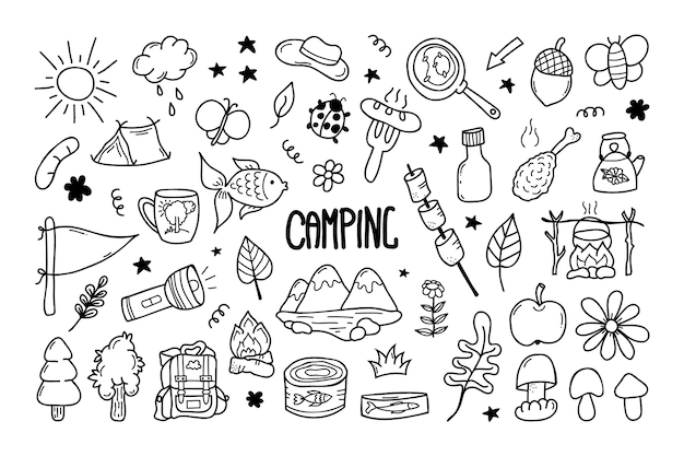 Conjunto vectorial de acampada en estilo doodle Elementos de viaje dibujados a mano