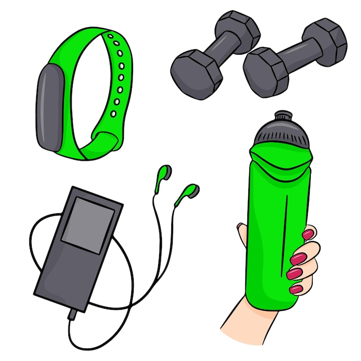 Vector conjunto vectorial de accesorios de fitness en estilo de dibujos animados ilustración vectorial aislado sobre fondo blanco