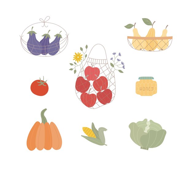 Conjunto vectorial de acogedoras ilustraciones de otoño Elementos de diseño tradicionales del festival de la cosecha de otoño Bandera de madera verduras frutas en caja de canasta bolsa para pegatinas invitación de tarjeta