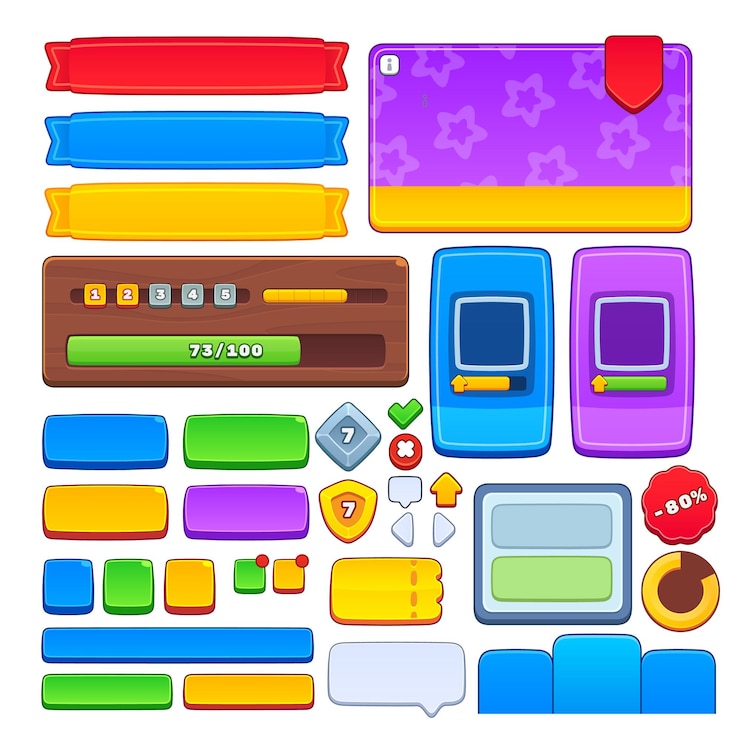 Vector conjunto vectorial de activos del juego. interfaz gráfica de usuario del juego, kit de interfaz de usuario, ux