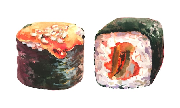 Conjunto vectorial de acuarela de rollos, sushi unagi maki. Comida japonesa, aislada sobre fondo blanco.