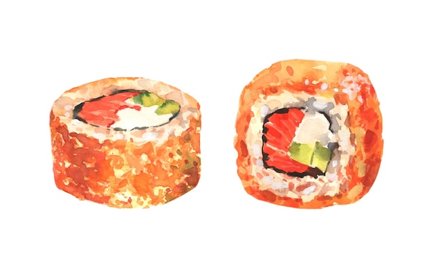 Conjunto vectorial de acuarela de sushi maki philadelphia con queso crema y cebollino. Rollito con salmón.