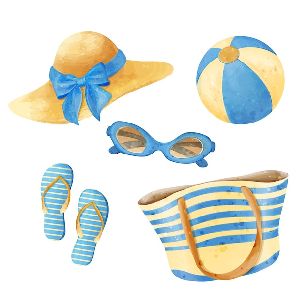 Conjunto vectorial de acuarelas accesorios de vacaciones en la playa para mujeres ilustraciones de sombrero de paja de bolsa