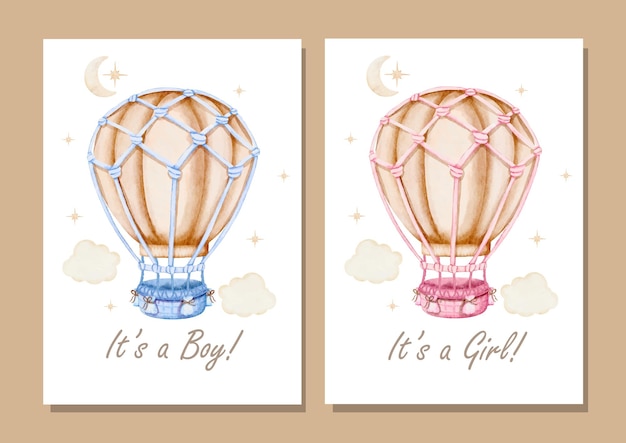 Conjunto vectorial de acuarelas de globos de aire caliente azules y rosados para el diseño de plantillas de tarjetas de invitación