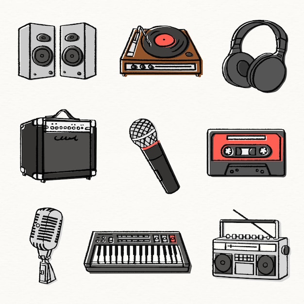 Conjunto vectorial de adhesivos de equipos musicales y electrónica