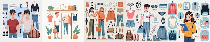 Vector conjunto vectorial de un adolescente eligiendo accesorios hoy con un estilo de diseño plano simple