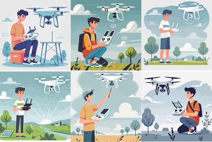Vector conjunto vectorial de un adolescente haciendo una encuesta de drones al aire libre con estilo de diseño plano