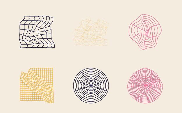 Conjunto vectorial de adornos gráficos futuristas retro Y2K Iconos minimalistas planos