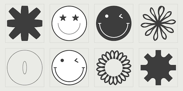 Conjunto vectorial de adornos gráficos futuristas retro Y2K Iconos minimalistas planos