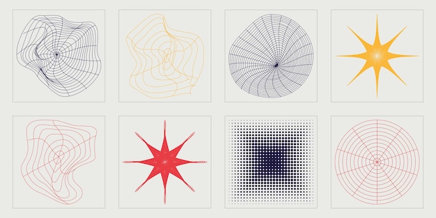 Conjunto vectorial de adornos gráficos futuristas retro Y2K Plantillas para carteles de notas
