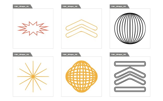 Conjunto vectorial de adornos gráficos retro futuristas Y2K para camisetas modernas diseñadas
