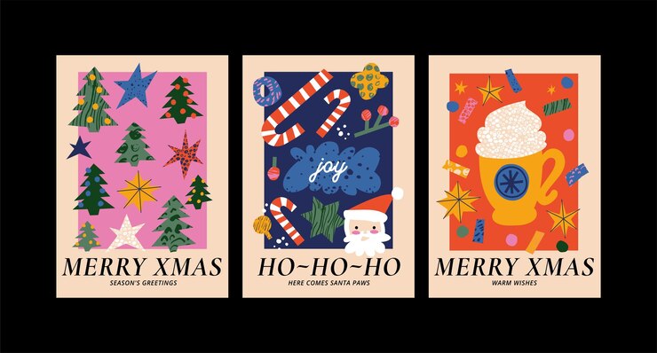 Conjunto vectorial de afiches de arte de saludos navideños con diferente decoración tradicional en un estilo moderno y contemporáneo
