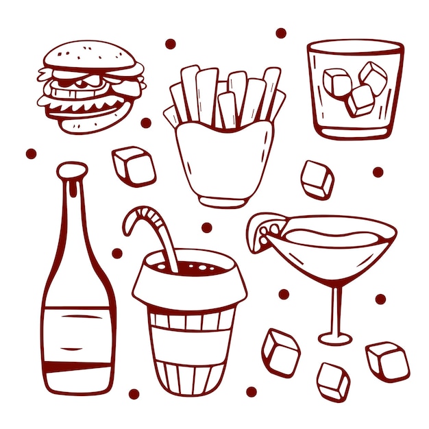 Conjunto vectorial de alimentos y bebidas para una fiesta en línea Cóctel de vino papas fritas hamburguesa con queso
